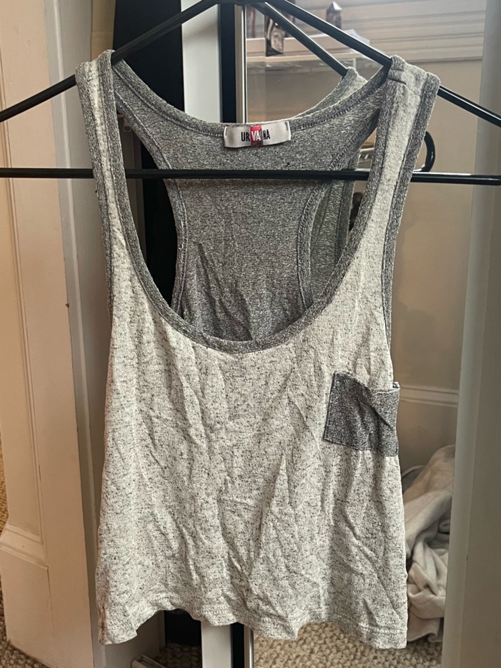 2 Toned Heather Gray Cropped Racerback Tank Top w/ Functional Pocket